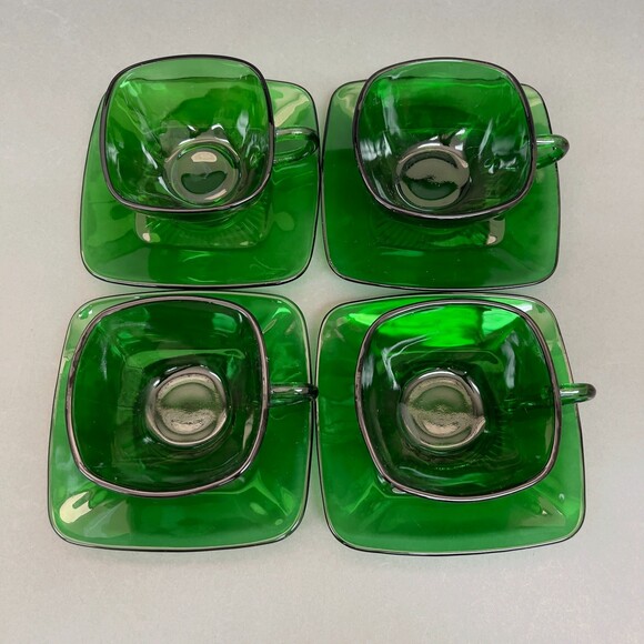 Fire King Anchor Hocking Square Cup & Saucers Charm Forest Green Glass Lot of 8 - Picture 2 of 9